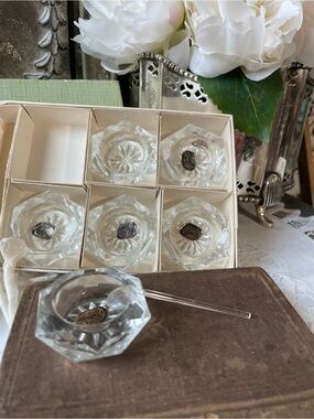 Vintage Bohemia glass crystal salt cellers & spoons